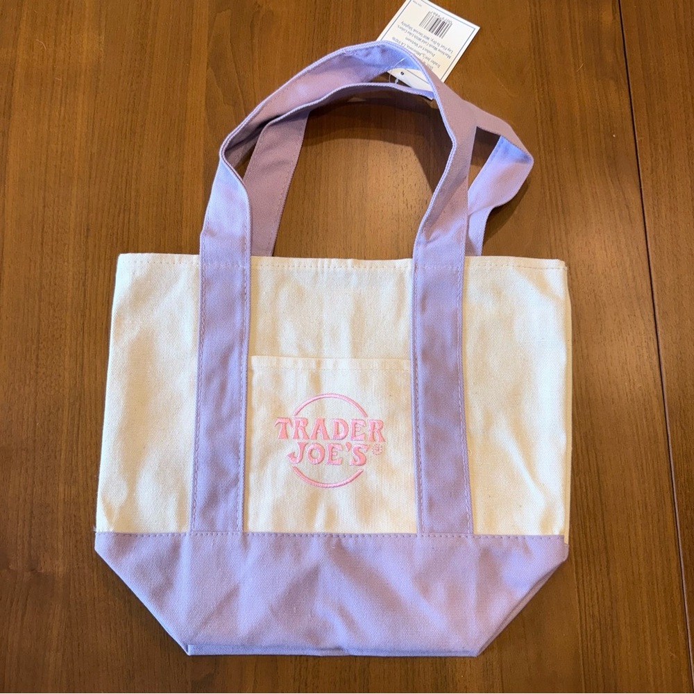 Trader Joes Viral Pastel Lavendar Mini Canvas Tote Easter Egg Hunt Lunch Bag NWT